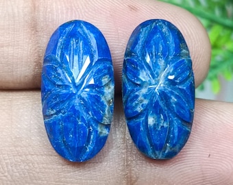 Lapis Lazuli Flower Carved Gemstone Pair: Oval Blue Gemstones (20x10x5 MM, 17.00 Cts)
