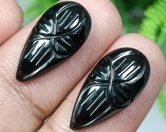 Black Onyx Flower Carvings: Pear Gemstone Pair (20x10x4 MM)