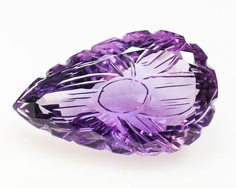 Natural Amethyst Flower Carving: Pear Cut Loose Gemstone (25.00 CT, 27x16x10mm)