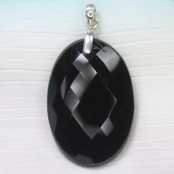 Natural Black Onyx Sterling Silver Pendant Necklace - July Birthstone