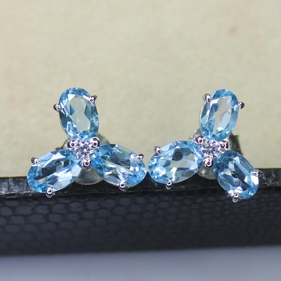 Natural Blue Topaz Vintage Studs With 925 Sterling 2.40 Grams December Birthstone