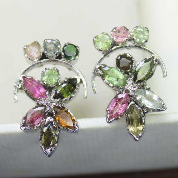 Natural Multi Tourmaline Vintage Studs With 925 Sterling 8.45 Grams October Birthstone