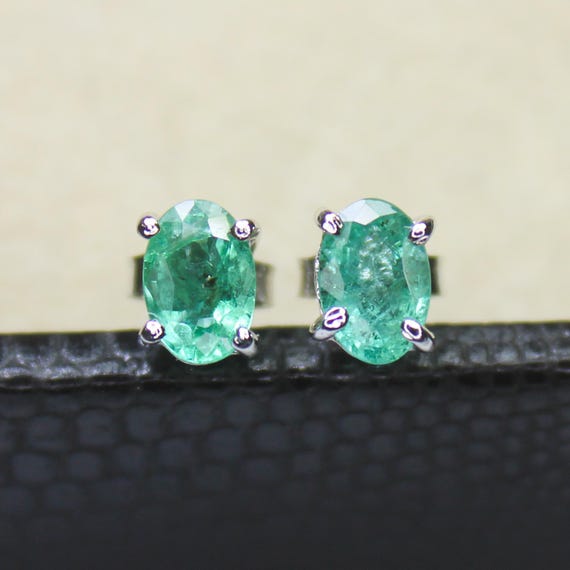 Natural Green Emerald Vintage Studs With 925 Sterling 1.35 Grams May Birthstone
