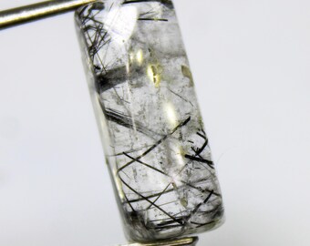 Black Rutile Quartz Cabochon: Rectangle Shape Gemstone (10.70 Carats, 19x8x6 mm)
