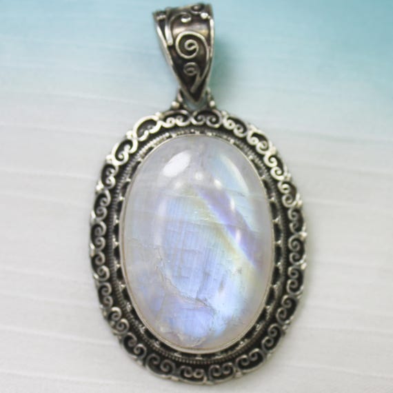 Natural White Rainbow Moonstone Sterling Silver Pendant Necklace - June Birthstone