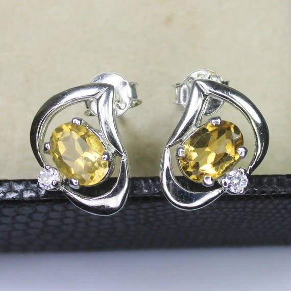 Natural Yellow Citrine Vintage Studs With 925 Sterling 3.10 Grams November Birthstone