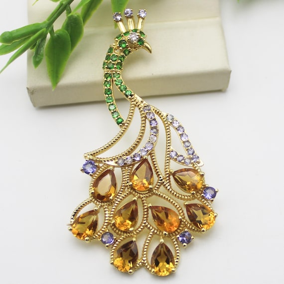 Natural 14k Gold Peacock Pendant With Tsavourite ,Tanzanite ,Citrine  9.75 Grams Weight