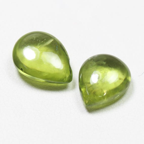 Green Peridot Cabochon Pair: Teardrop Gemstones, 8.20 Carats