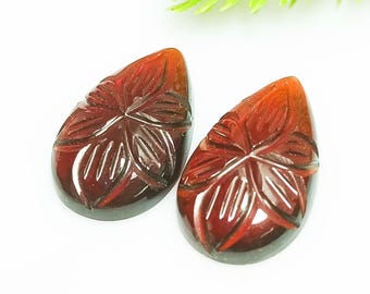 Hessonite Gemstone Carved Leaves: Handmade Orange Gemstone Pair