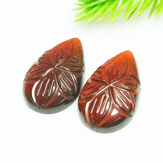Hessonite Gemstone Carved Leaves: Handmade Orange Gemstone Pair