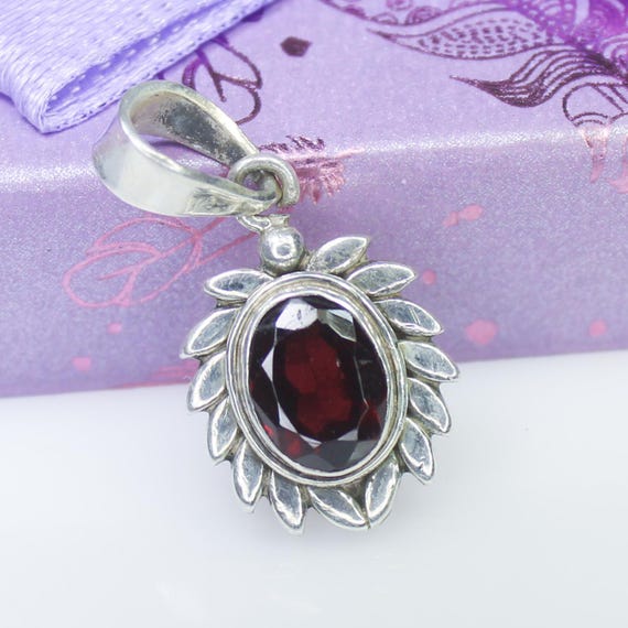 Natural Red Garnet Sterling Silver Pendant Necklace - January Birthstone
