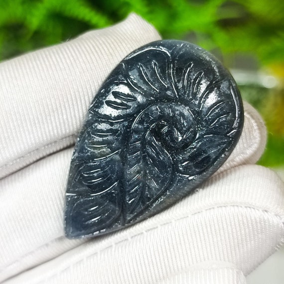 Carved Blue Sapphire Cabochon: Pear Flower Design, 64.00 Cts