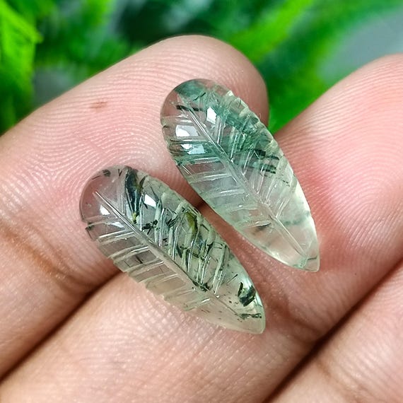 Natural Green Prehnite Carved Gemstone Pair: Leaf Pear, 20x8x4mm