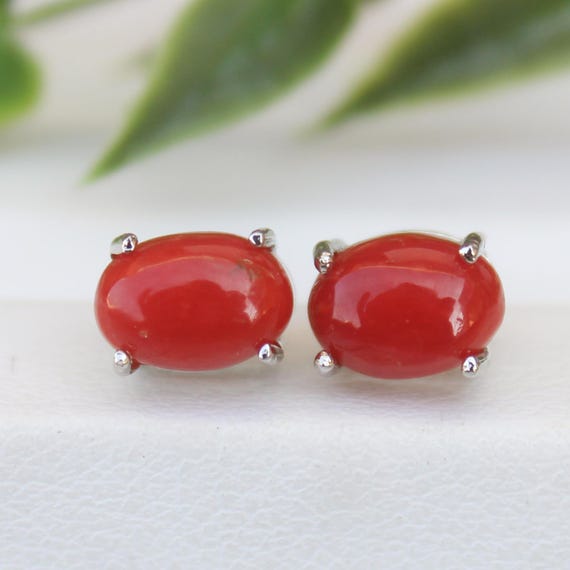 Natural Red Coral Vintage Studs With 925 Sterling 1.69 Grams March Birthstone