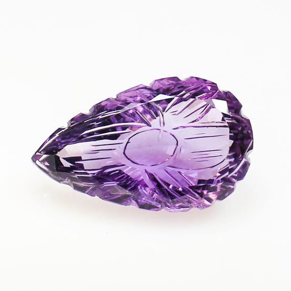 Natural Amethyst Flower Carving: Pear Cut Loose Gemstone (25.00 CT, 27x16x10mm)