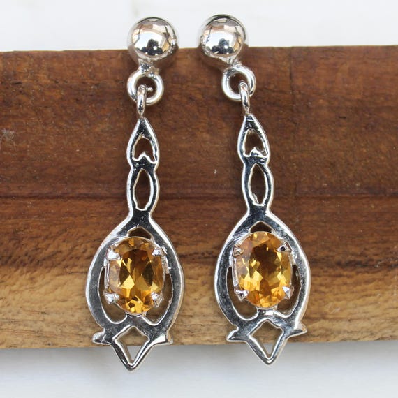 Natural Yellow Citrine Vintage Studs With 925 Sterling 3.95 Grams November Birthstone