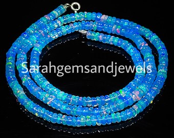 Natural Blue Fire Opal Beaded Necklace: AAA Ethiopian Opal, Handmade