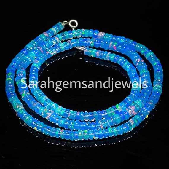Natural Blue Fire Opal Beaded Necklace: AAA Ethiopian Opal, Handmade