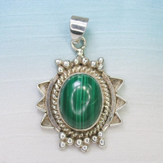 Natural Green Malachite Sterling Silver Pendant Necklace - April Birthstone
