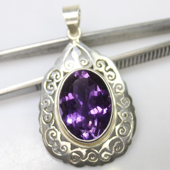 Natural Purple Amethyst Sterling Silver Pendant Necklace - February Birthstone