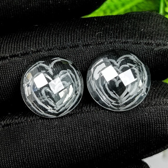 Rock Crystal Round Checkerboard Briolette Pair: Heart Carved, 9mm