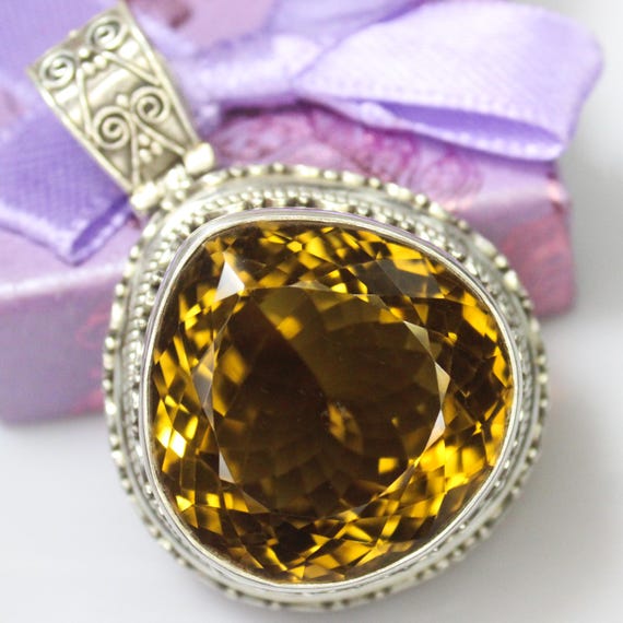 Natural Yellow Honey Quartz Sterling Silver Pendant Necklace - November Birthstone