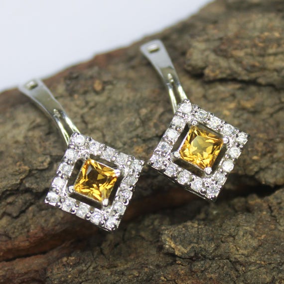 Natural Yellow Citrine Vintage Studs With 925 Sterling 3.20 Grams November Birthstone