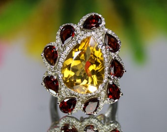 Pear Yellow Citrine Ring: .925 Sterling Silver, US Size 9