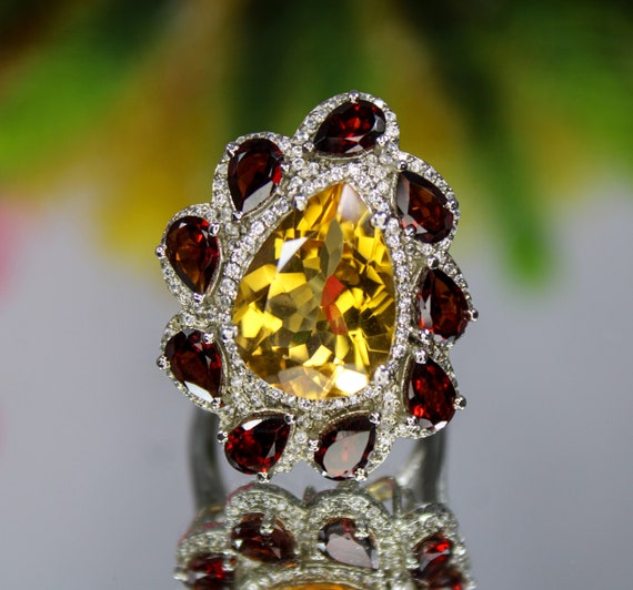 Pear Yellow Citrine Ring: .925 Sterling Silver, US Size 9