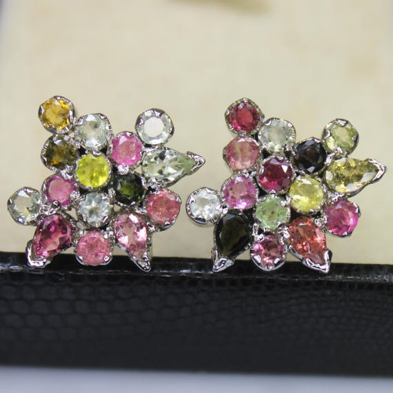 Natural Multi Tourmaline Vintage Studs With 925 Sterling 8.97 Grams October Birthstone