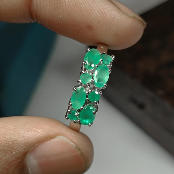 Vintage Zambian Emerald Ring: 925 Sterling Silver, Oval & Round Cut