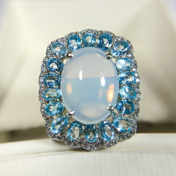 Opalite Ring: 925 Sterling Silver, Blue Topaz Accents