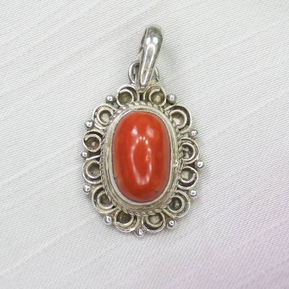 Natural Red Coral Sterling Silver Pendant Necklace - July Birthstone