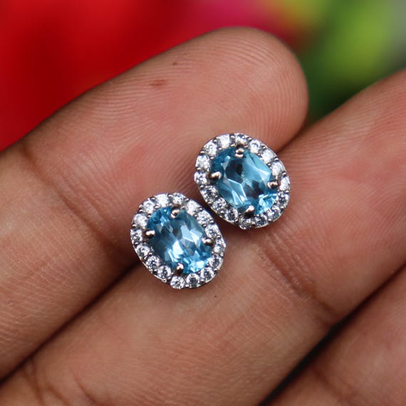 Hand Made Sterling Silver Studs Of Natural Blue Topaz Studs , .925 Sterling Silver Beautiful Studs For Wedding Gift ,2.48 Gram Studs