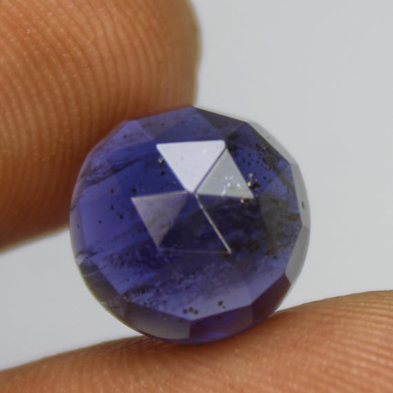 Natural Blue Iolite Faceted Flat Back Gemstone: 4.05 Carat Round, 10x10x6 mm