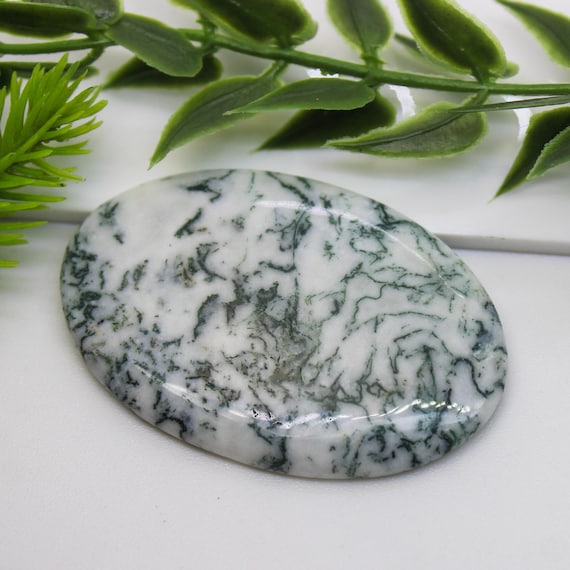 Natural Tree Agate Cabochon: Oval Gemstone for Jewelry Making (46x29x4 Carats, 42.50 mm)