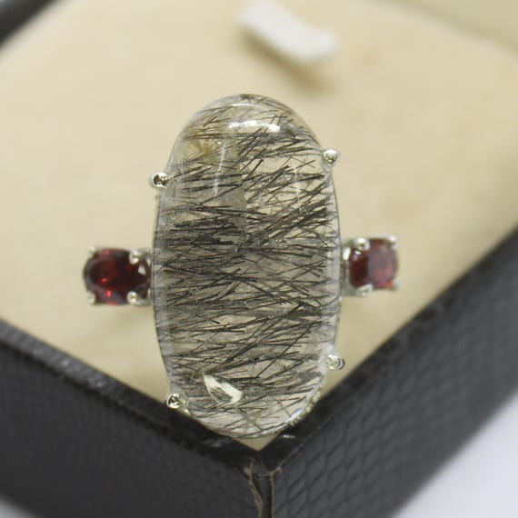 Black Rutile Quartz Ring, Oval Sterling Silver, Natural Gemstone