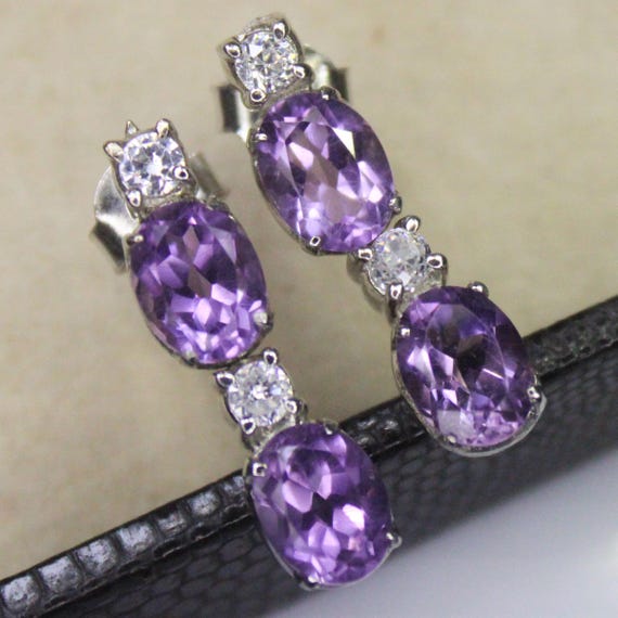 Natural Purple Amethyst Vintage Studs With 925 Sterling 4.95 Grams February Birthstone