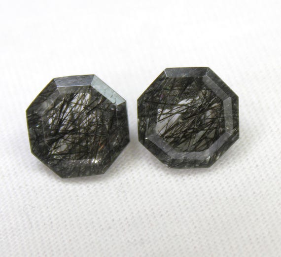 Black Rutile Quartz Hexagon Pair: 6.75 Carat Faceted Gemstone, 10x10x5.5 mm