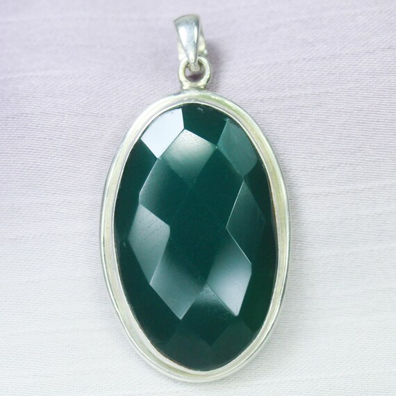 Natural Green Onyx Sterling Silver Pendant Necklace - July Birthstone