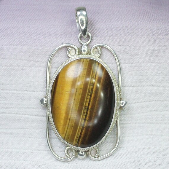 Natural Yellow Tiger Eye Sterling Silver Pendant April Necklace