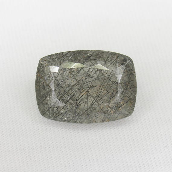 Faceted Black Rutile Quartz Cushion Cut Stone: 10.76 Carats, 17x12x7 mm