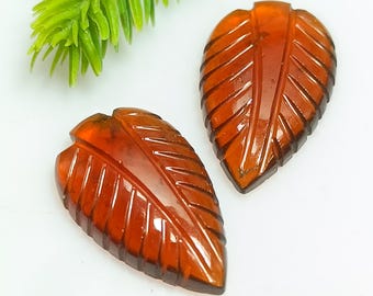 Hessonite Gemstone Carved Leaf Pair: Orange Jewelry Making (22x13x4 MM)