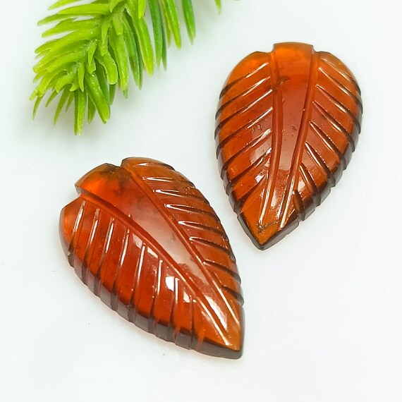 Hessonite Gemstone Carved Leaf Pair: Orange Jewelry Making (22x13x4 MM)