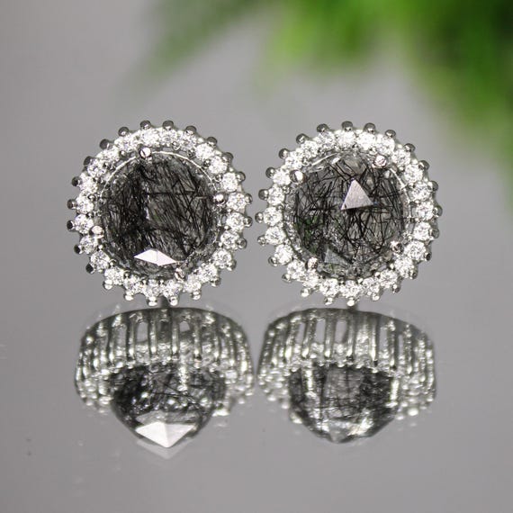 Hand Made Sterling Silver Studs Of Natural Black Rutile Quartz, .925 Sterling Silver Beautiful Studs For Wedding Gift , 5.57 Gram Studs