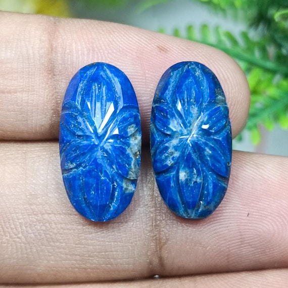 Lapis Lazuli Flower Carved Gemstone Pair: Oval Blue Gemstones (20x10x5 MM, 17.00 Cts)