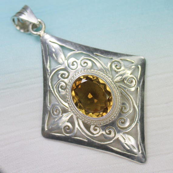 Natural Yellow Citrine Sterling Silver Pendant Necklace - November Birthstone