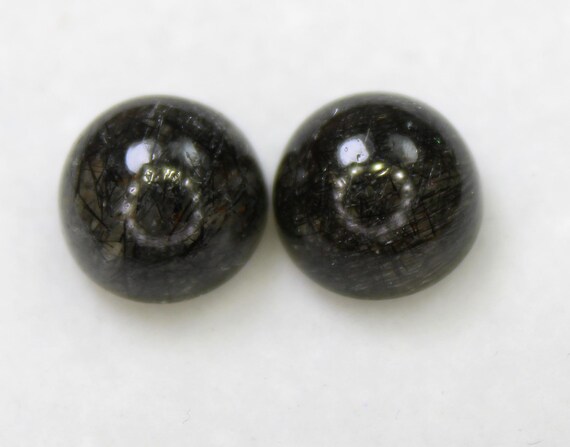 Black Rutile Quartz Cabochon Pair: Round Gemstone for Jewelry Making (9.39 Carats, 10x10x6 mm)