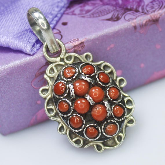 Natural Red Coral Sterling Silver Pendant Necklace - July Birthstone