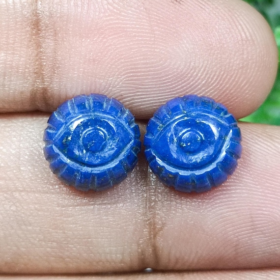 Lapis Lazuli Eye Carvings Pair: Blue Gemstone Earrings (10x10x5 MM)